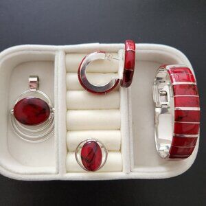 STERLING SILVER & RED JASPER Mexican Bracelet Pendant, Earrings Adjust Ring SET